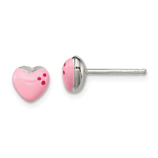 925 Sterling Silver Polished & Enameled Heart Post Earrings, 6mm x 8mm