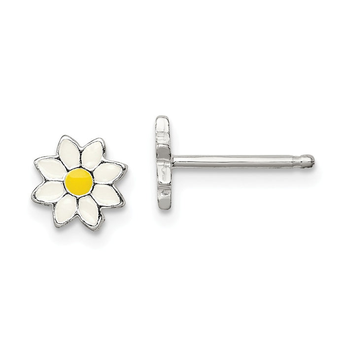 925 Sterling Silver Polished & Enameled Flower Post Earrings, 8mm x 8mm