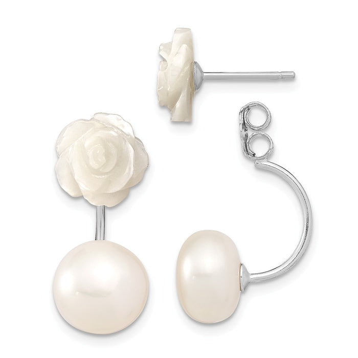 925 Sterling Silver Rh-plated 8-9 Freshwater Cultured Button Pearl & MOP Flower Dangle Earrings,