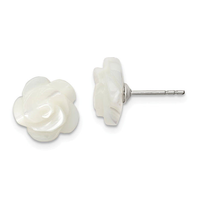 925 Sterling Silver Rh-plated 10mm White Mother of Pearl Flower Post Stud Earri, 10mm x 10mm