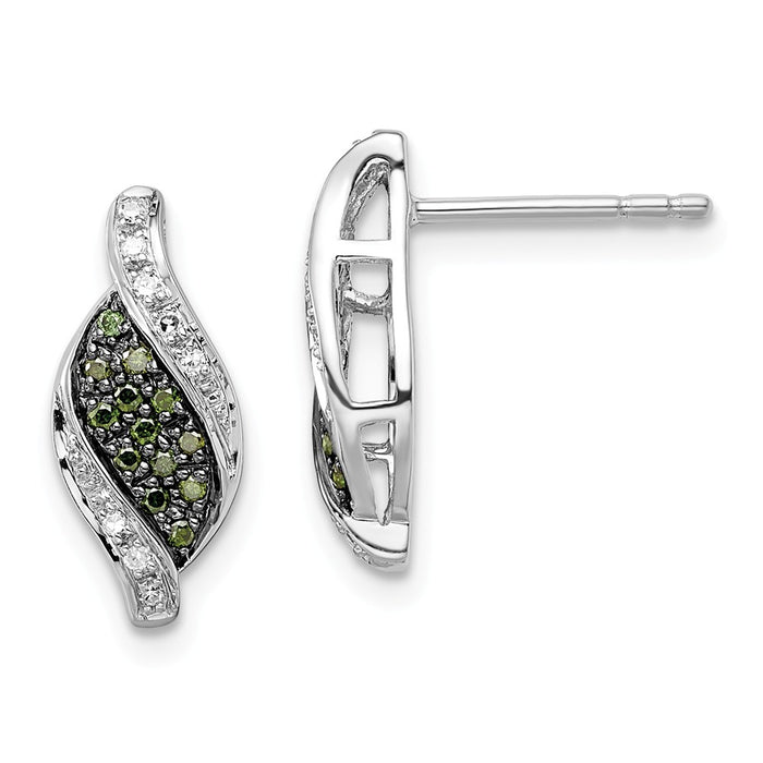 925 Sterling Silver Rhodium-plated Green/White Diamond Swirl Post Earrings, 15mm x 7mm
