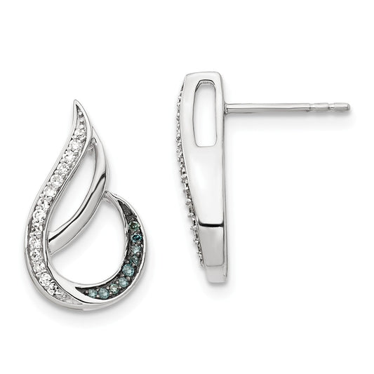 925 Sterling Silver Rhod Plated Polished Diamond/Blue Diamond Post Earrings, 17mm x 10mm
