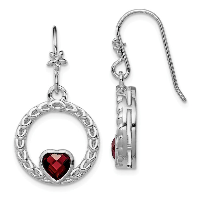 925 Sterling Silver Rhodium-plated Garnet Heart Dangle Earring, 33mm x 17mm