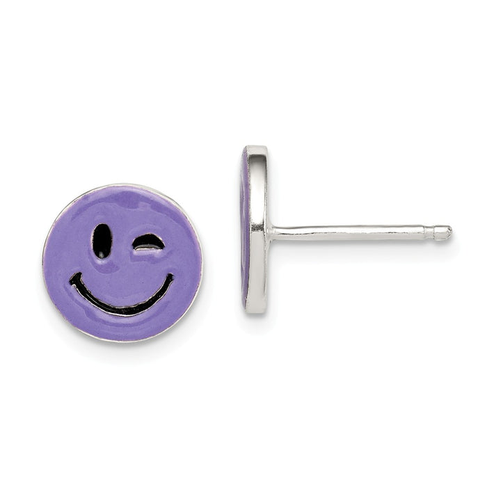 925 Sterling Silver Purple Enamel Winking Smiley Face Childs Post Earrings, 10mm x 10mm