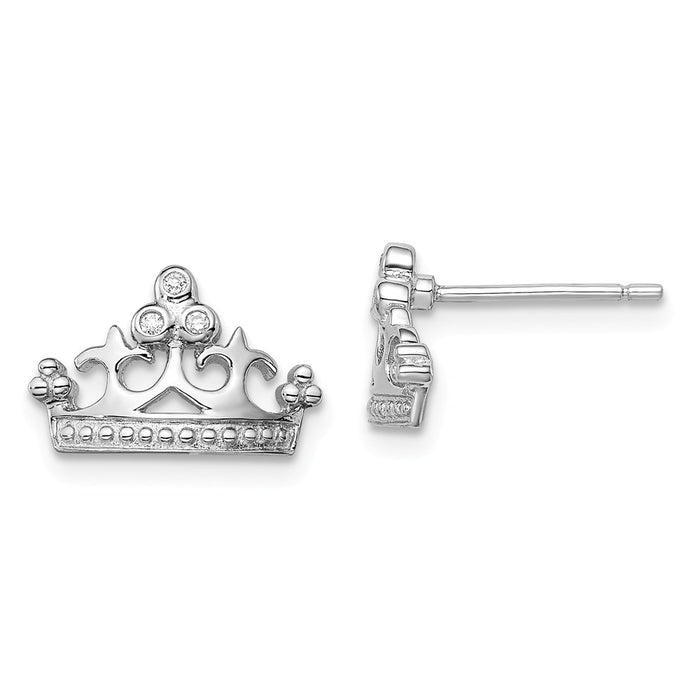 925 Sterling Silver Rhodium-plated Cubic Zirconia ( CZ ) Crown Post Earrings, 8mm x 13mm
