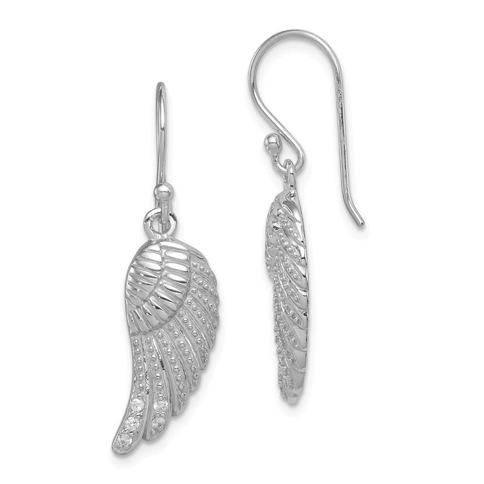 925 Sterling Silver Rhodium-plated with Cubic Zirconia ( CZ ) Wings Shepherd Hook Earrings, 34mm x 11mm