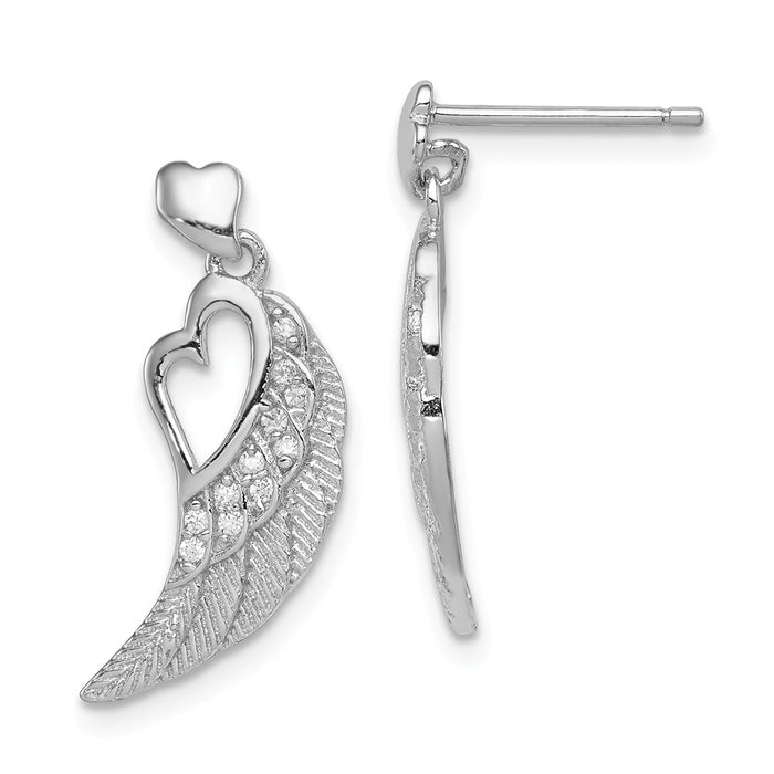 925 Sterling Silver Rhodium-plated Cubic Zirconia ( CZ ) Open Heart on Wings Post Drop Earrings, 25mm x 12mm