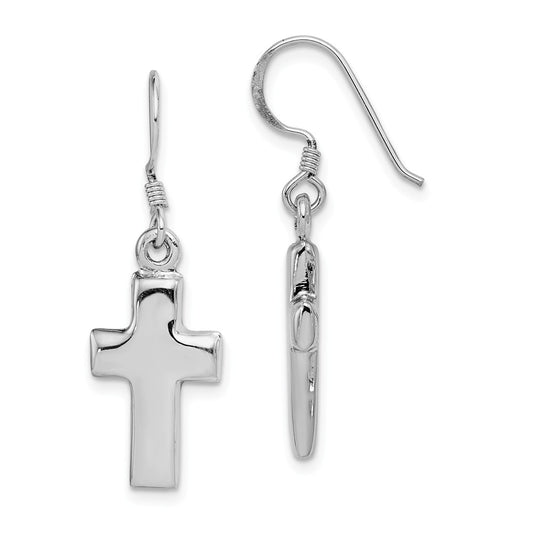925 Sterling Silver Rhodium-plated Polished Cross Dangle Shepherd Hook Earrings, 33mm x 11mm