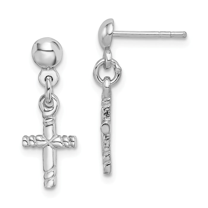 925 Sterling Silver Rhodium-plated Polished Cross Post Dangle Earrings, 20mm x 8mm