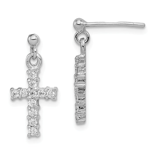 925 Sterling Silver Rhodium-plated Cubic Zirconia ( CZ ) Cross Post Dangle Earrings, 19mm x 9mm