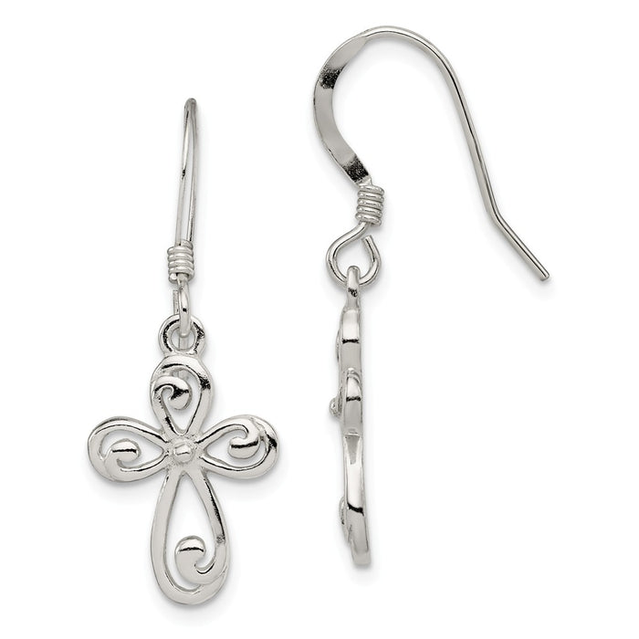 925 Sterling Silver Polished Cross Dangle Earrings, 32mm x 12mm
