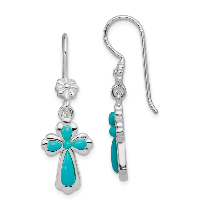 925 Sterling Silver Rhodium-plated Polished Imitation Turquoise Cross Earrings, 36mm x 12mm