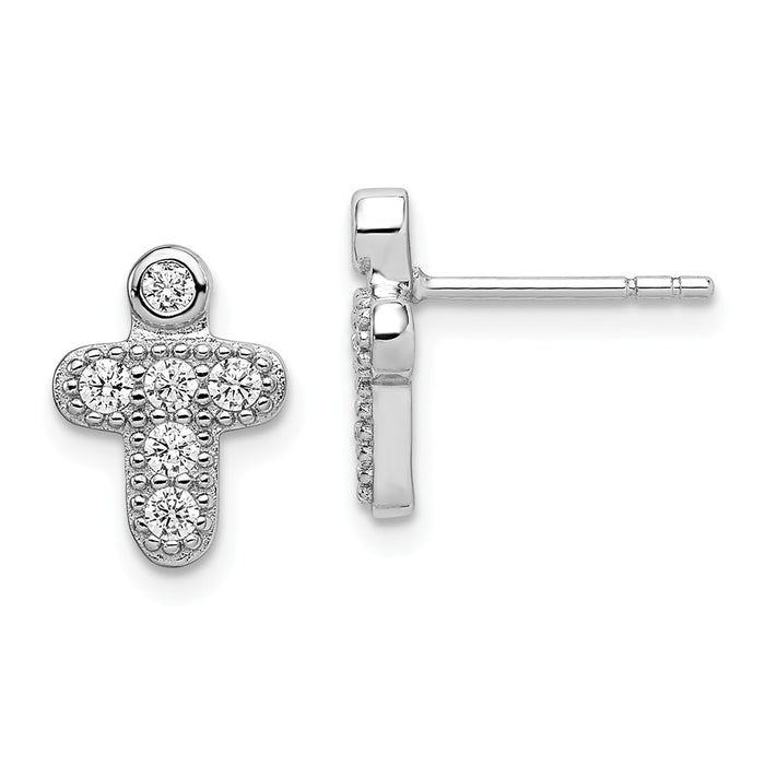 925 Sterling Silver Rhodium-plated Polished Cubic Zirconia ( CZ ) Cross Children's Post Earrings, 10mm x 8mm