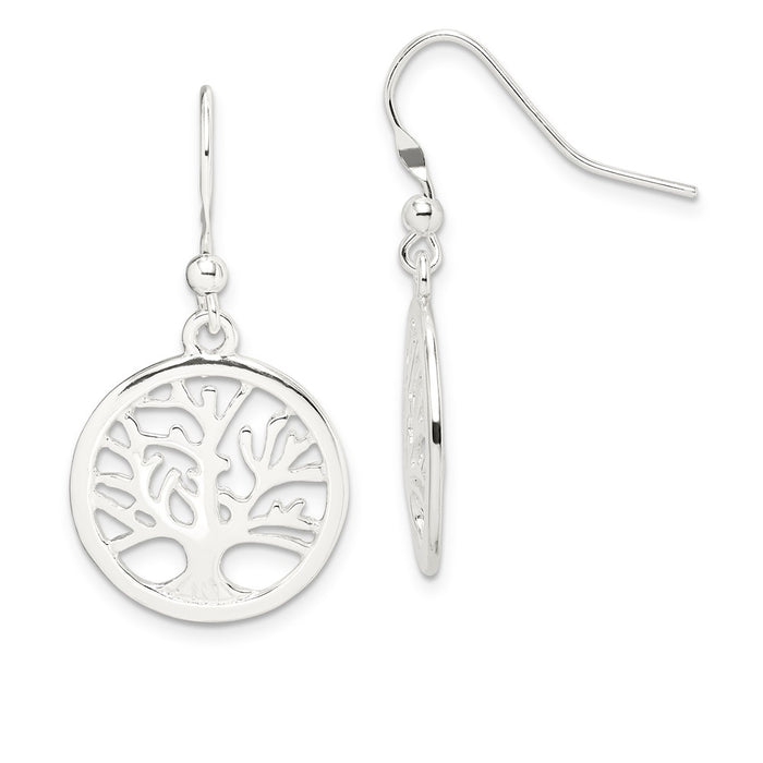 925 Sterling Silver Polished Round Tree Shepherd Hook Earrings, 36mm x 19mm