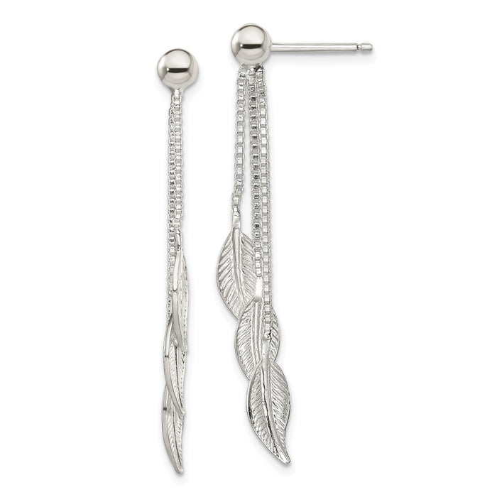 925 Sterling Silver Polished and Textured Leaf Dangle Post Earrings, 47mm x 5mm