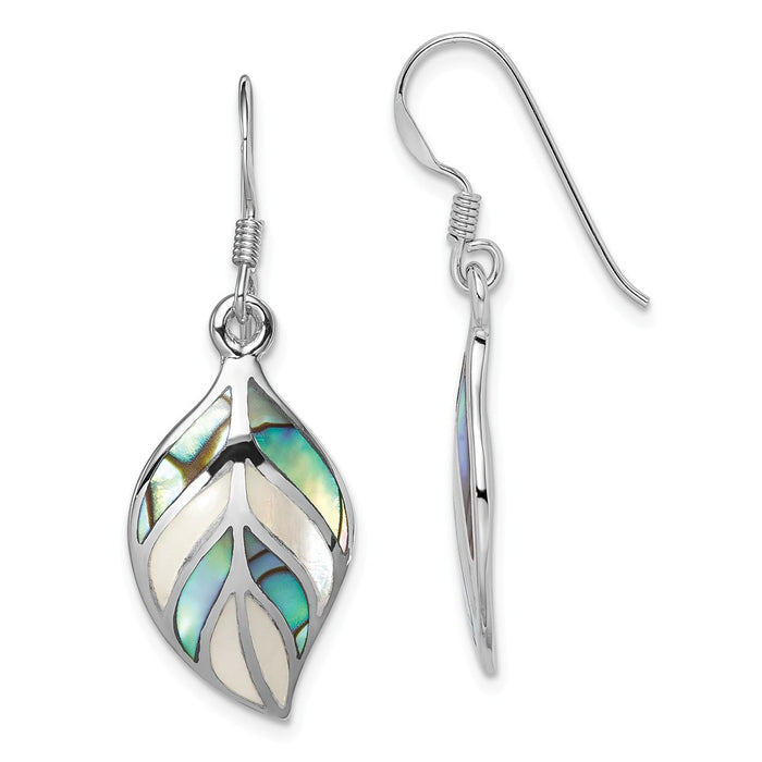 925 Sterling Silver Rhodium Polished Leaf MOP & Abalone Dangle Earrings, 36mm x 13mm