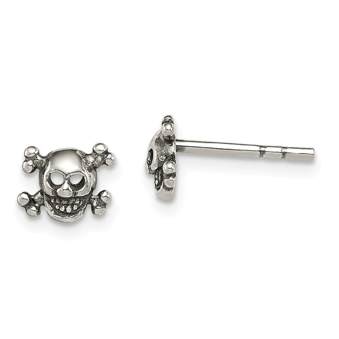 925 Sterling Silver Polished and Antiqued Skull Post Earrings, 6mm x 8mm