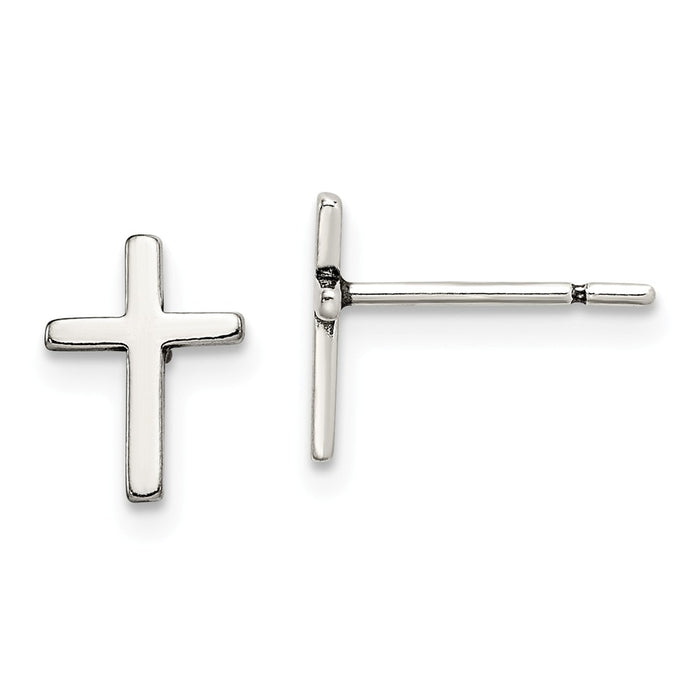 925 Sterling Silver Polished and Antiqued Cross Post Earrings, 10mm x 7mm
