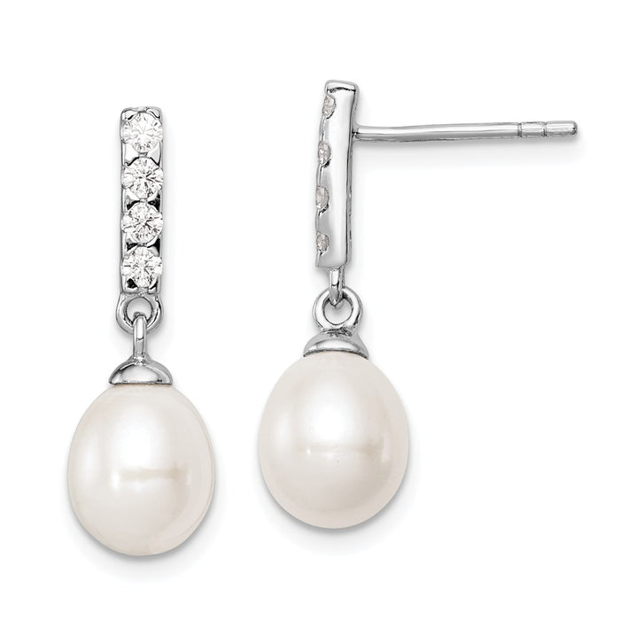 925 Sterling Silver Rh-plated 8-9mm White Freshwater Cultured Pearl Cubic Zirconia ( CZ ) Post Dangle, 24mm x 9mm