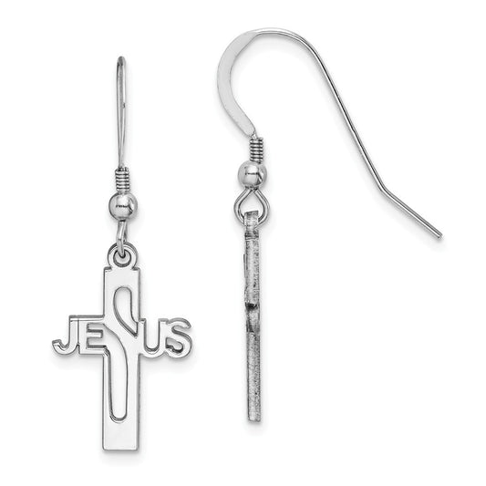 925 Sterling Silver Rhodium-plated Jesus Cross Shepherd Hook Earrings,