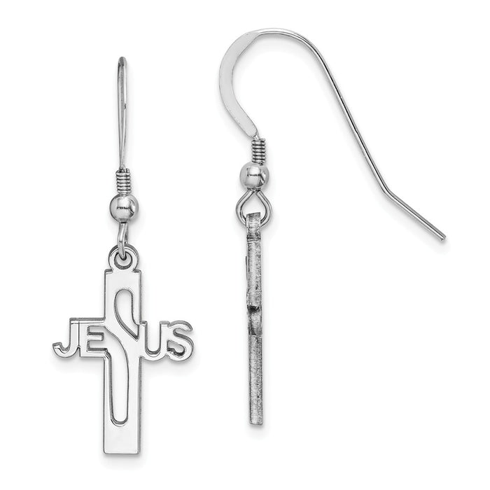 925 Sterling Silver Rhodium-plated Jesus Cross Shepherd Hook Earrings,
