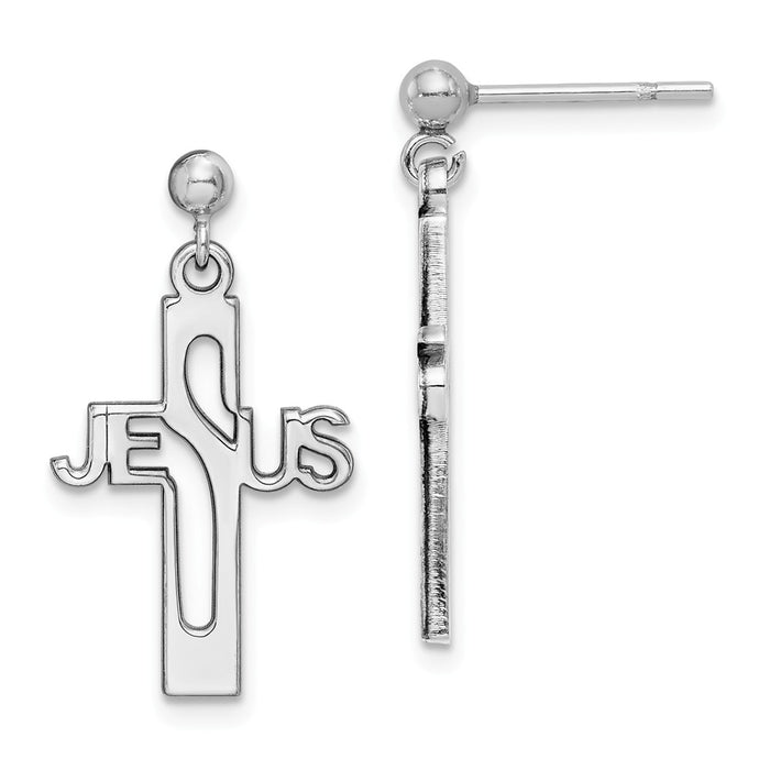 925 Sterling Silver Rhodium-plated Jesus Cross Post Dangle Earrings,