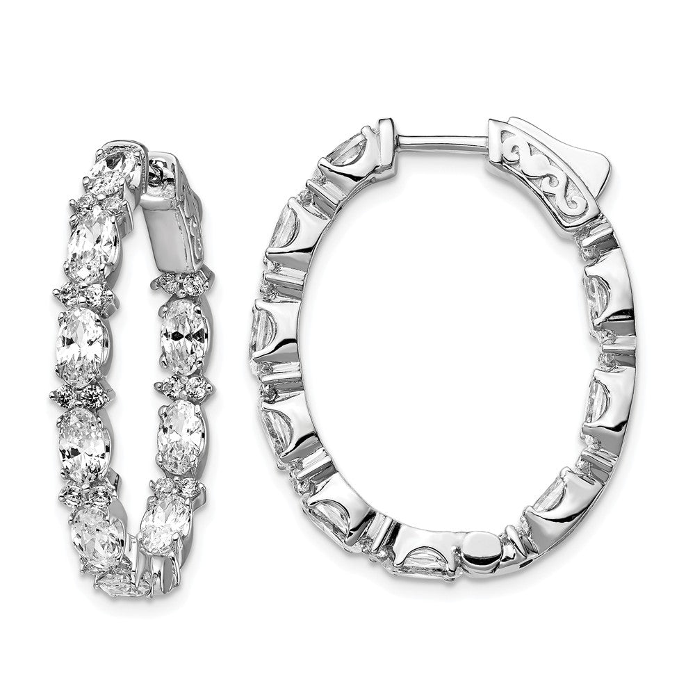925 Sterling Silver Rhodium-plated Fancy Cubic Zirconia ( CZ ) In & Out Oval Hoop Earrings, 29.5mm x 23.88mm