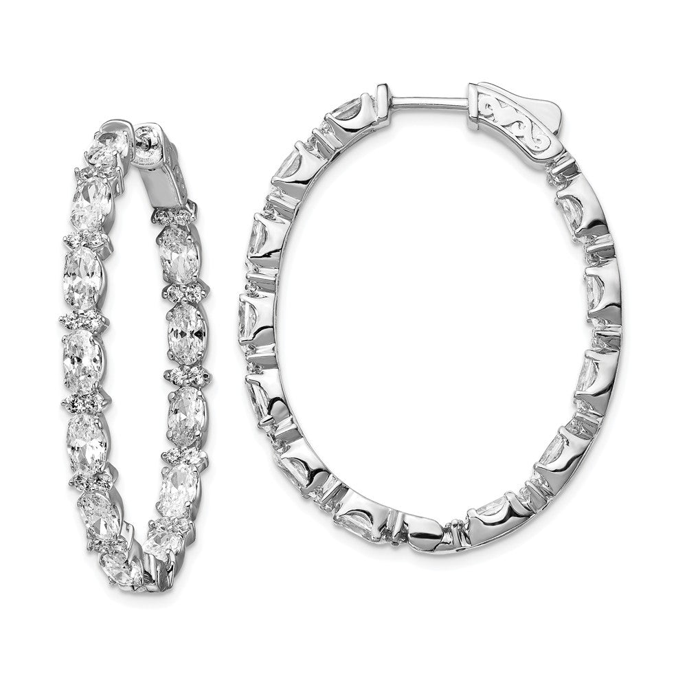 925 Sterling Silver Rhodium-plated Fancy Cubic Zirconia ( CZ ) In & Out Oval Hoop Earrings, 38.12mm x 30.53mm