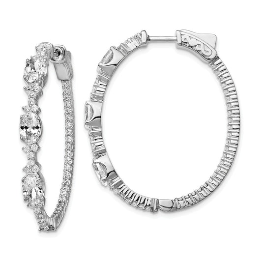 925 Sterling Silver Rhodium-plated Fancy Cubic Zirconia ( CZ ) In & Out Oval Hoop Earrings, 37.11mm x 30.31mm