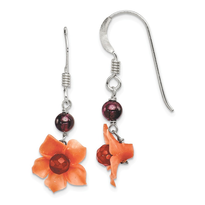 925 Sterling Silver Garnet Bead & Carnelian Dangle Flower Earrings, 35mm x 13mm