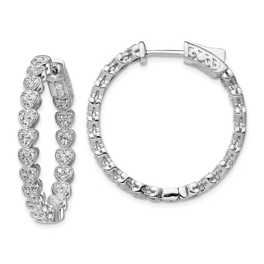 925 Sterling Silver Rhodium-plated Cubic Zirconia ( CZ ) In & Out Heart Round Hoop Earrings, 1.25mm x 3.66mm
