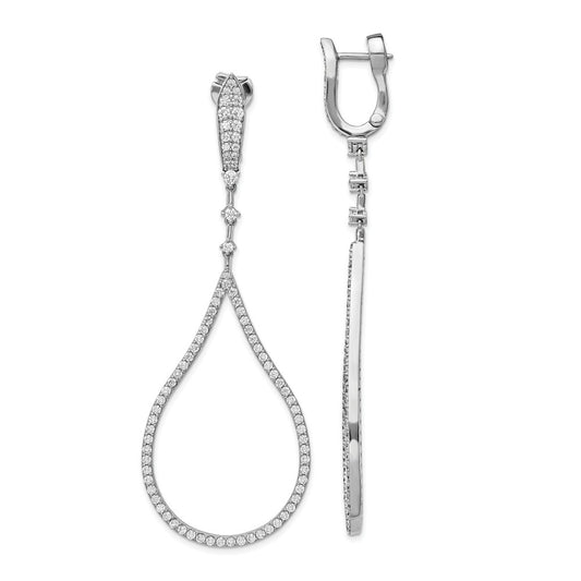 925 Sterling Silver Rhodium-plated Cubic Zirconia ( CZ ) Tear Drop Dangle Safety Hinged Earrings, 3mm x 1mm