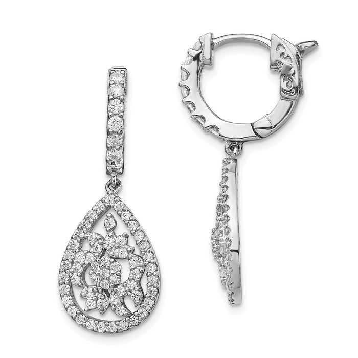 925 Sterling Silver Rhodium-plated Cubic Zirconia ( CZ ) Hinged Hoop Dangle Earrings, 1.25mm x 11.85mm