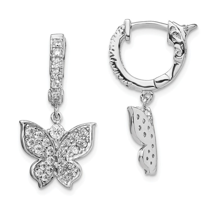 925 Sterling Silver Polished Cubic Zirconia ( CZ ) Butterfly Hinged Hoop Dangle Earrings, 1mm x 12.99mm