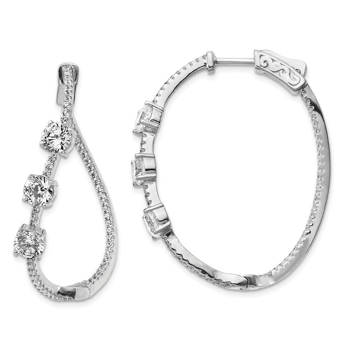 925 Sterling Silver Polished Curvy Round Cubic Zirconia ( CZ ) In and Out Oval Hoop Earrings, 36.39mm x 30.87mm