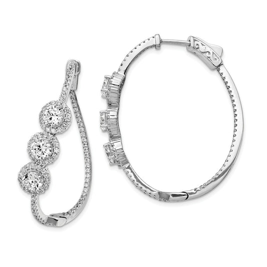 925 Sterling Silver Polished Curvy Round Halo Cubic Zirconia ( CZ ) In and Out Oval Hoop Earrings, 36.56mm x 32.5mm