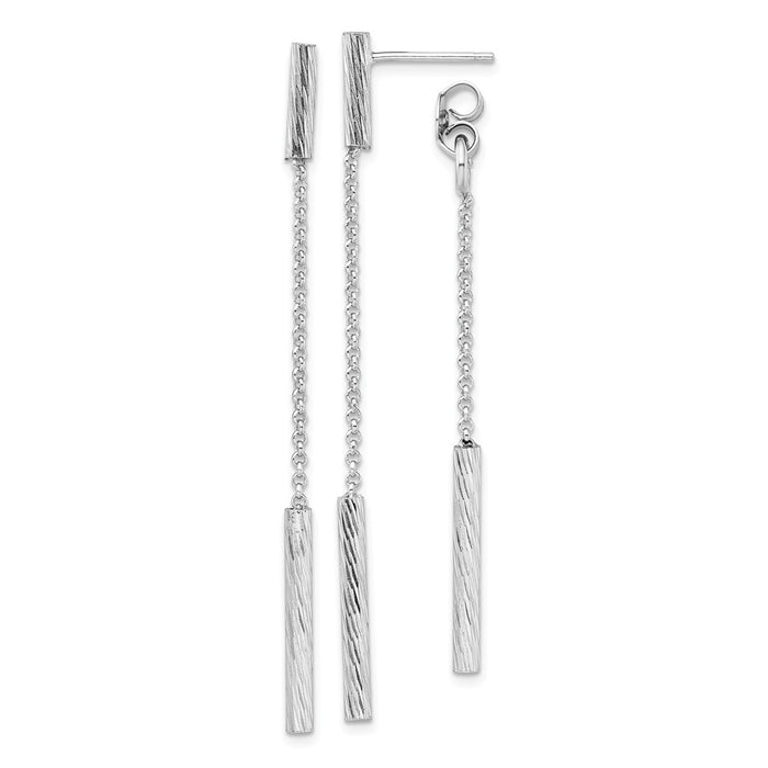 925 Sterling Silver Rhodium Texture Bar Front & Back Dangle Post Earrings, 70.5mm x 2.3mm