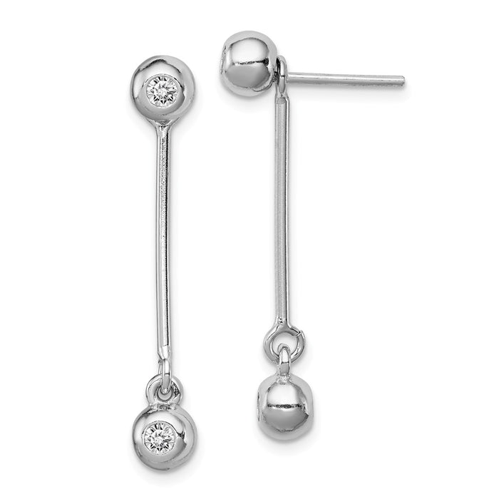 925 Sterling Silver Rhodium-plated Post & Dangle Cubic Zirconia ( CZ ) Ball Front & Back Earrings, 34.5mm x 5.5mm