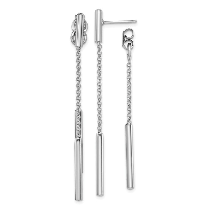925 Sterling Silver Rhodium-plated Bar & Chain Front & Back Dangle Post Earring, 60.5mm x 2.4mm