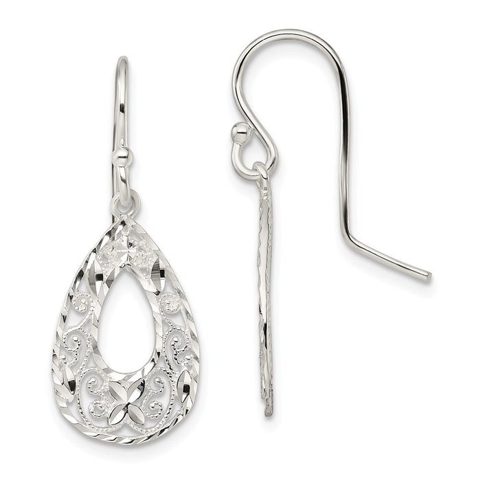 925 Sterling Silver Polish & Diamond-Cut Teardrop Dangle Shepherd Hook Earrings, 36.7mm x 12.8mm