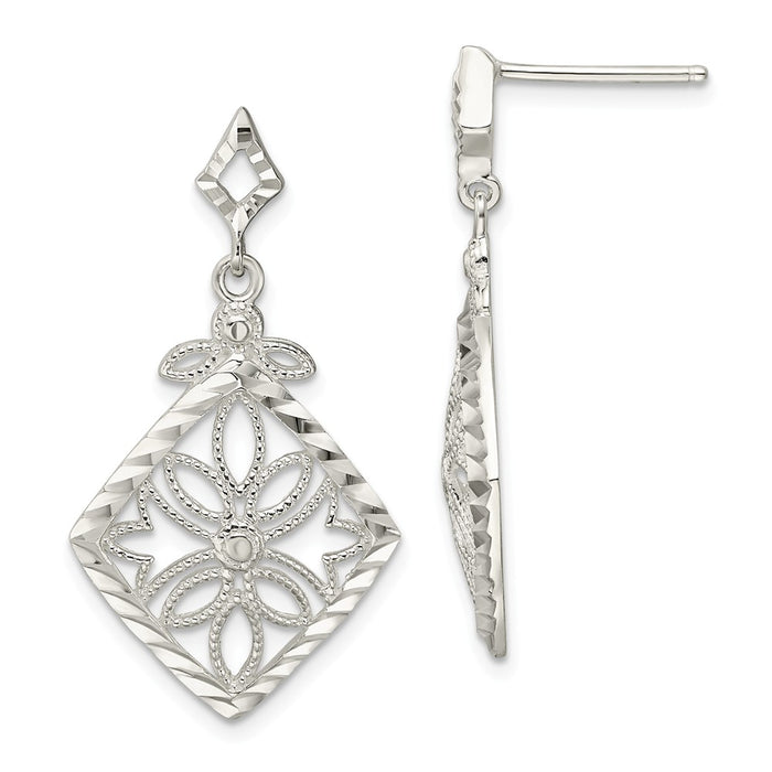 925 Sterling Silver Diamond-cut Textured Dangle Post Earrings, 33.9mm x 17.6mm