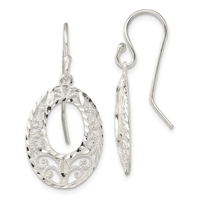 925 Sterling Silver Diamond-Cut Open Oval Dangle Shepherd Hook Earrings, 37.8mm x 15.5mm