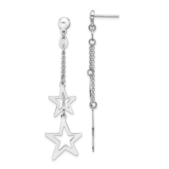 925 Sterling Silver Rhodium-plated Stars Dangle Post Earrings, 50mm x 4mm