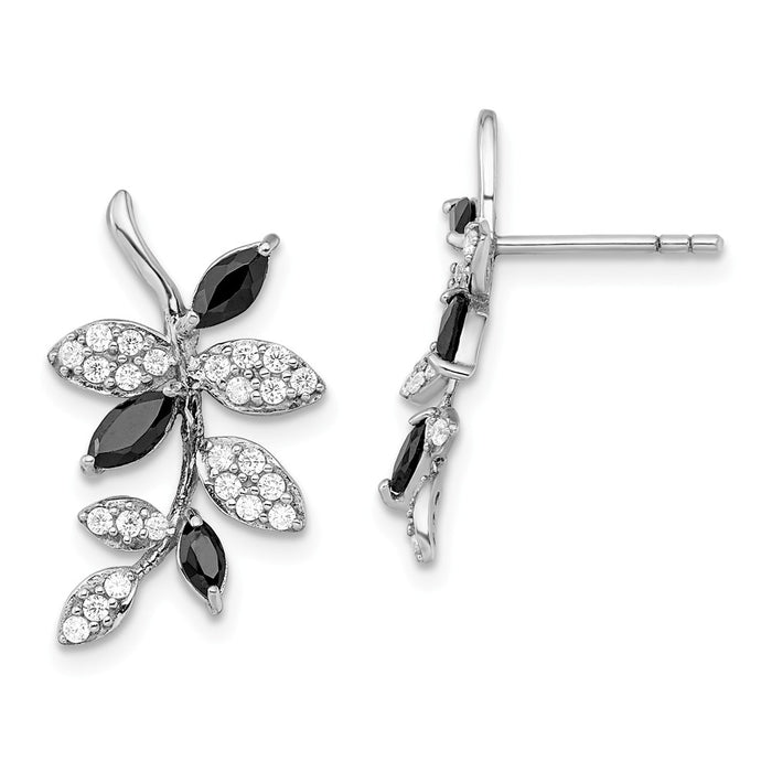 925 Sterling Silver Rhodium-plated with Black Onyx & Cubic Zirconia ( CZ ) Leaf Post Earrings, 21mm x 13.75mm