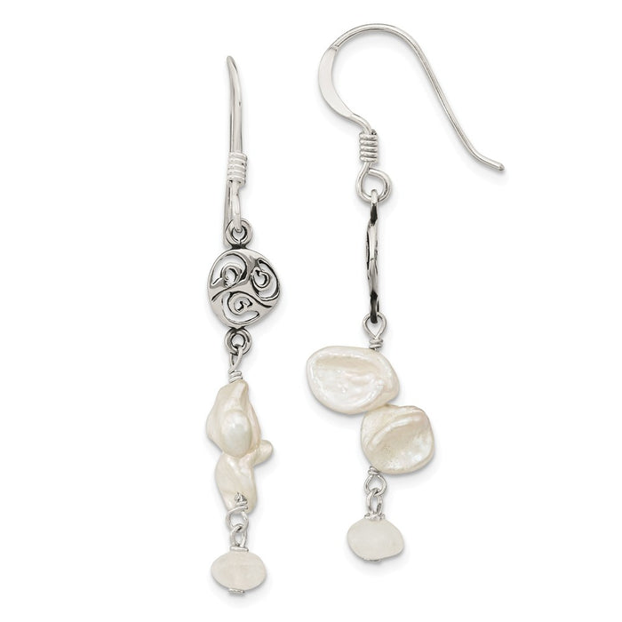 925 Sterling Silver Freshwater Cultured Keshi Pearl & Moonstone Fancy Shep. Hook Earrings, 49.41mm x 7.3mm