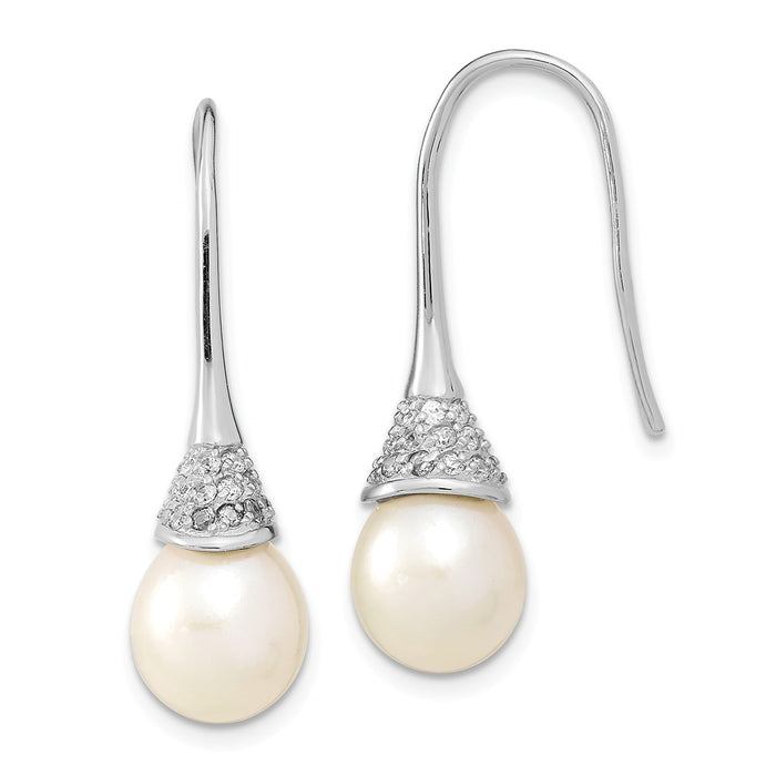 925 Sterling Silver Rhodium-plated 9-10mm Rice Freshwater Cultured Pearl Cubic Zirconia ( CZ ) Dangle Earrings, 31.25mm x 9.36mm