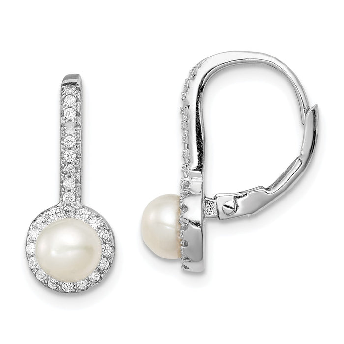 925 Sterling Silver Rhodium-Plated 5-6mm Button Freshwater Cultured Pearl Cubic Zirconia ( CZ ) Dangle Earrings, 20mm x 7.6mm