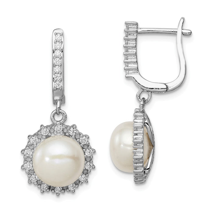 925 Sterling Silver Rhodium-Plated 8-9mm Button Freshwater Cultured Pearl Hoop Dangle Earrings, 30mm x 13.5mm
