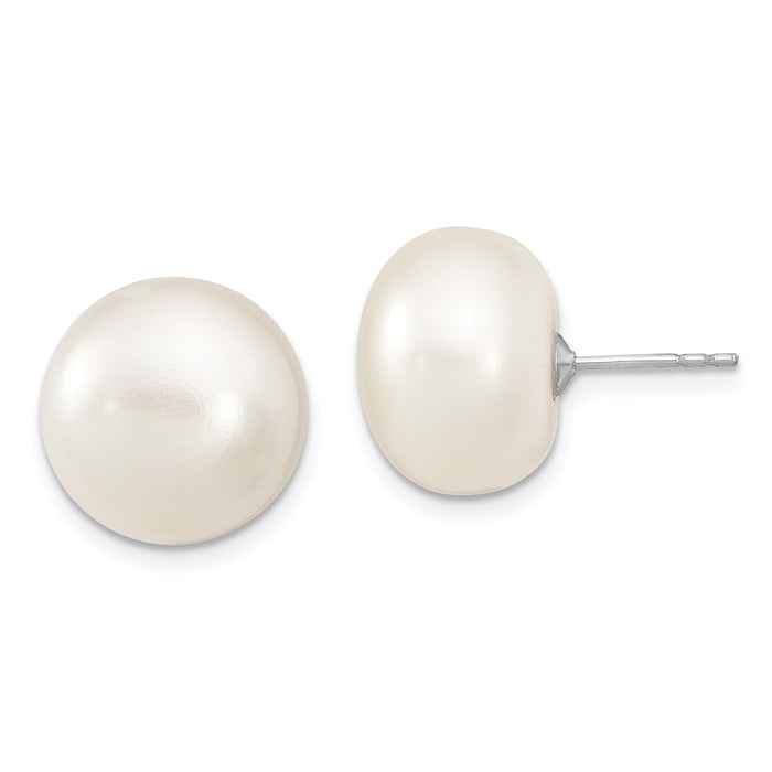 925 Sterling Silver Rhodium-Plated 13-14mm White Button Freshwater Cultured Pearl Post Earrings, 19mm x 13 to 14mm