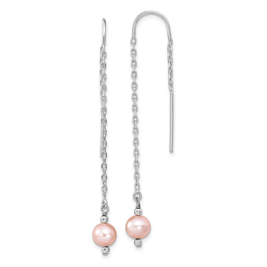 925 Sterling Silver Rhodium-plated 6-7mm Pink Freshwater Cultured Pearl Threaded Earrings, 59mm x 6.2mm